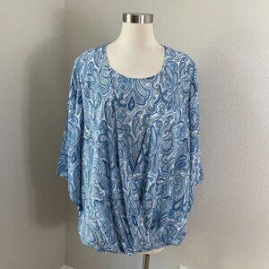 NEW Catherines Womens Plus 1X 18/20W Blue Paisley Draped Front Blouse Shirt Top
